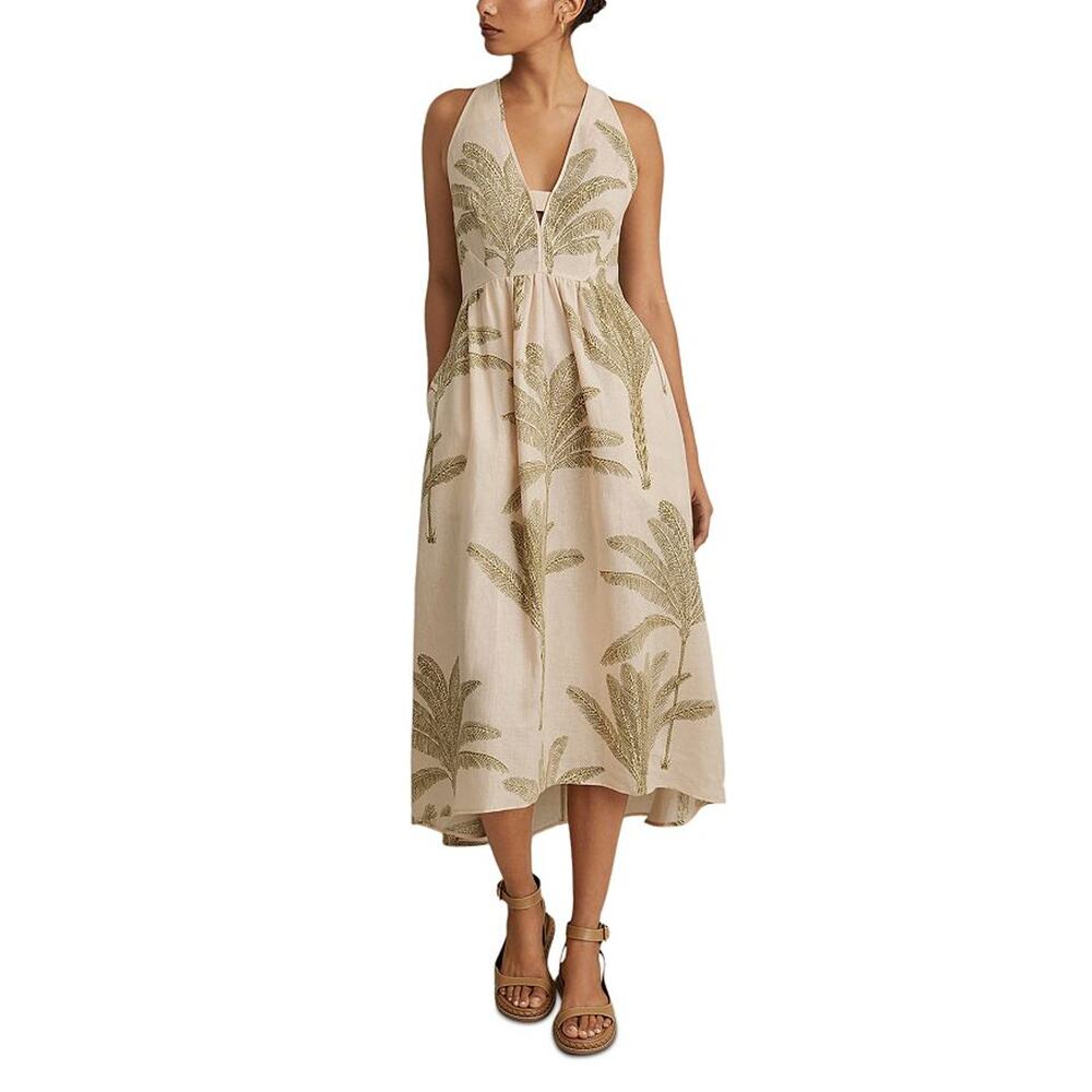 Reiss Cream Midi Dress with Olive Palm Print